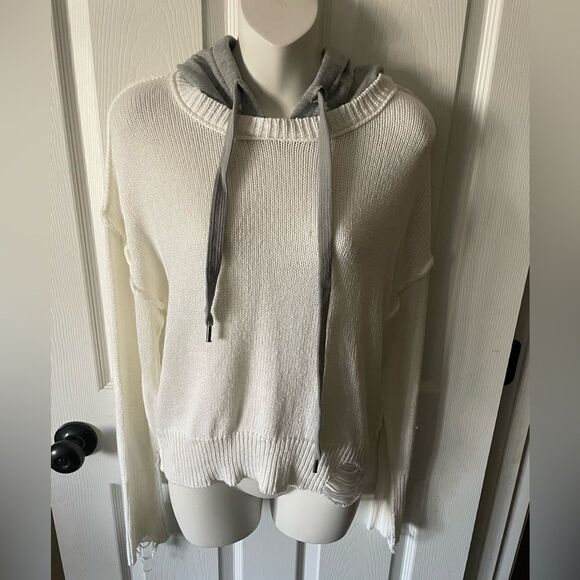 Women’s Dance & Marvel White Distressed Sweater With Built In Gray Hood Size M - Picture 1 of 5